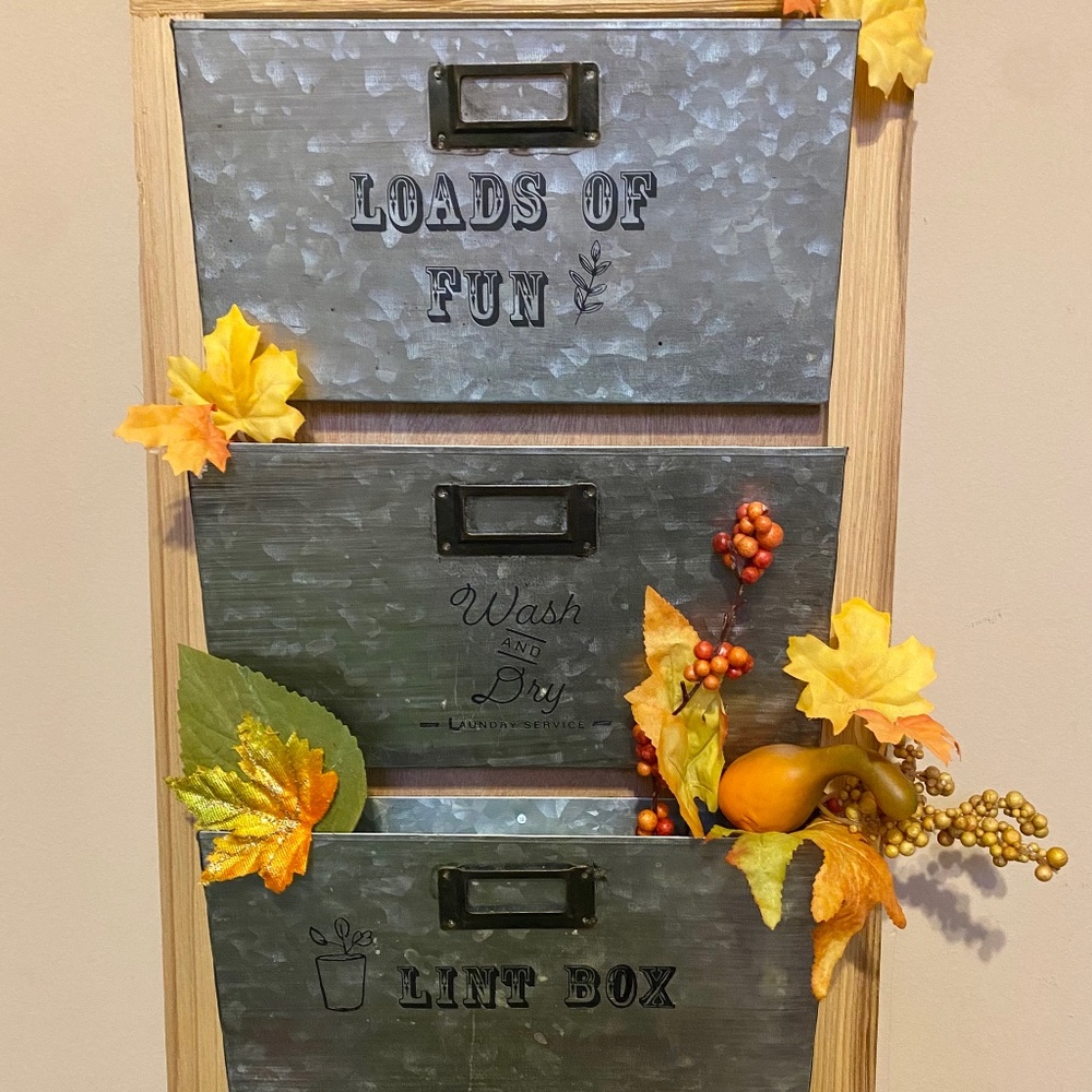 Galvanized, metal laundry wall hanging
